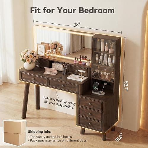 Furmax 48" Makeup Vanity Desk with Large Mirror and Lights,Big Wood Vanity Table with 5 Drawers＆Glass Storage Cabinet with Adjustable Shelves,Dressing Table with Charging Station for Bedroom (Walnut) thumbnail 2