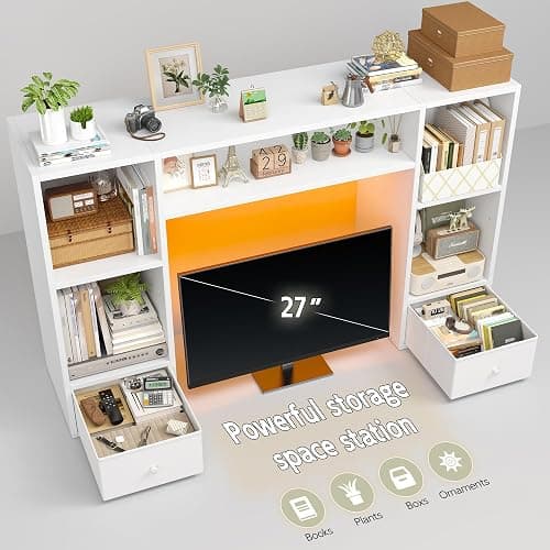 REIBII Desktop Bookshelf with LED Lights,47.2" Desktop Organizer with 6 Shelves and 2 Drawers for Top of Desk,Multipurpose Desk Hutch Dorm with Adjustable Shelves for Home and Office,White thumbnail 4