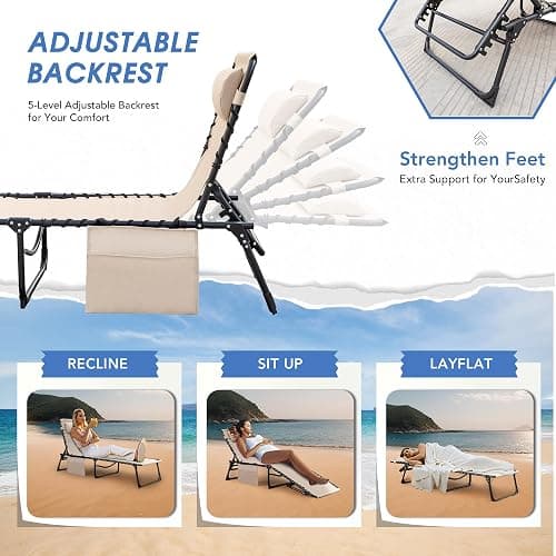 Flamaker Face Down Chaise Lounge Chair 5-Position Adjustable Sunbathing, Foldable Tanning Chair with Face& Arm Holes, Outdoor Recliner Chair for Pool, Beach, Patio, Lawn (Beige, 1 Pcs) thumbnail 6