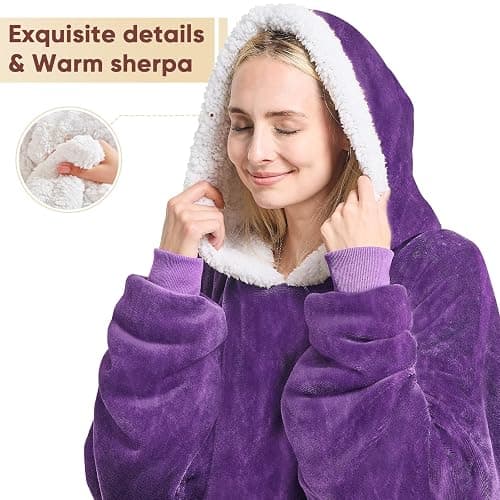 yescool Wearable Blanket Hoodie - birthday gifts for Adults/Women/mom, Flannel Cozy Sherpa Fleece Blanket Sweatshirt with Hood, Pocket & Sleeves, Large, One Size Fits All (Deep Purple) thumbnail 6