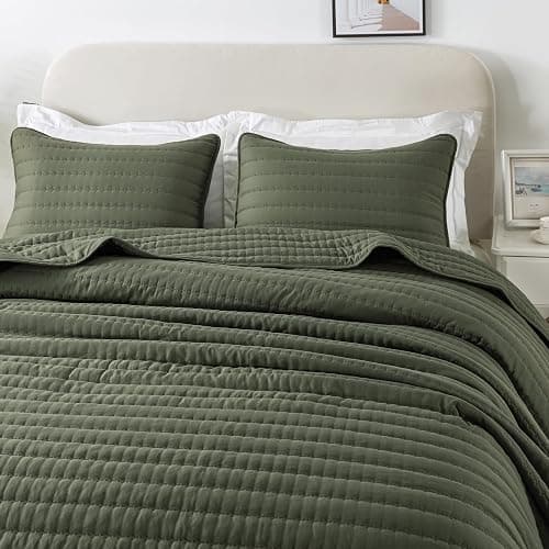 ROARINGWILD Olive Green King Size Quilt Set, Striped Pick Stitch Lightweight Bedspread, Soft Channel Farmhouse Rustic Coverlet, Spring Summer Thin Comforter, Country Bedding, 104x90 inches thumbnail 4