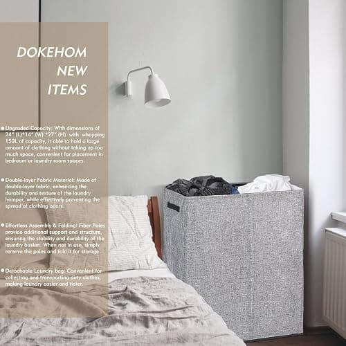 DOKEHOM 150L Double Laundry Basket with Lid and Removable Laundry Bags, Large Collapsible Laundry Hamper with 2 Sections for Bedroom, Bathroom, Laundry Room, Colloge (Grey) thumbnail 4