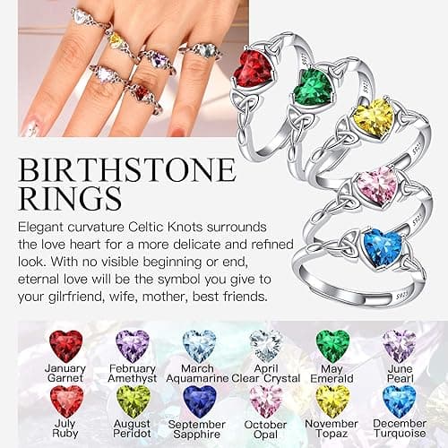 925 Sterling Silver Good Luck Celtic Twisted Knot/Claddagh Heart Birthstone Ring, Thin Delicate Adjustable Promise Engagement Ring Irish Jewelry for Women - style a. 03. March(Aquamarine) thumbnail 2