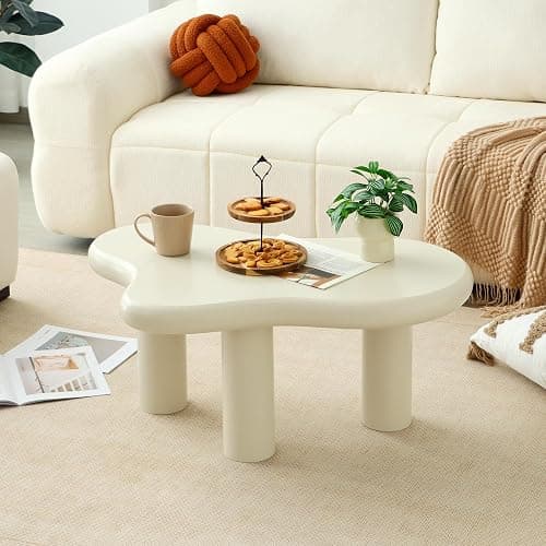 Mordchil HF 34"(L) Cloud Coffee Table, Modern Wood Coffee Table for Living Room, Accent Unique Center Tables with 3 Legs, Small Tea Tables for Balcony, Patio, Bedroom, Cream White thumbnail 9
