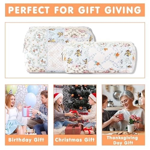 URSKYTOUS 2Pcs Cotton Quilted Makeup Bag for Women Girls Coquette Small Floral Cosmetic Bags Cute Zipper Pencil Pouch Aesthetic Makeup Pouch Trendy Cloth Bee&Flower Travel Toiletry Skincare Bag thumbnail 6