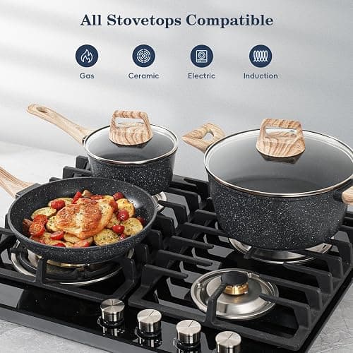 SODAY 12 Pcs Pots and Pans Set, Nonstick Cookware Sets Black Granite Induction Cookware, Non-toxic Healthy Non Stick Kitchen Cooking Set with Frying Pans Set, Saucepans,Steamer (PFAS, PFOA, PFOS Free) thumbnail 7