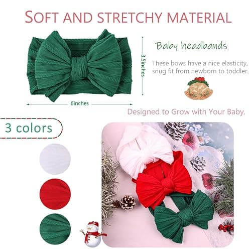 LemonSpace Handmade Baby Girls Headbands Soft Stretchy Nylon Hair Bands Hair Accessories with Bows for Newborn Baby Girls Infant Toddlers Kids (Red Green White-Merry Christmas) thumbnail 4