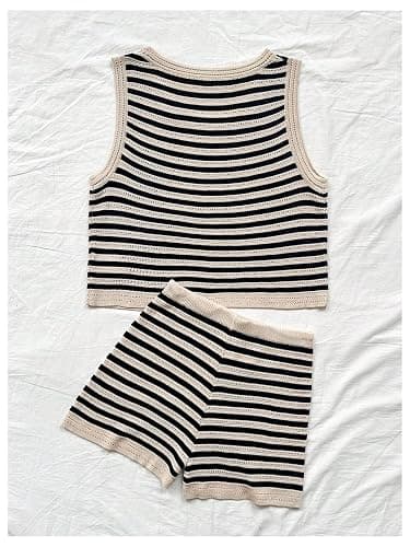 MakeMeChic Women's Two Piece Outfit Striped Crew Neck Tank Crop Top and Drawstring Knit Shorts Set thumbnail 2