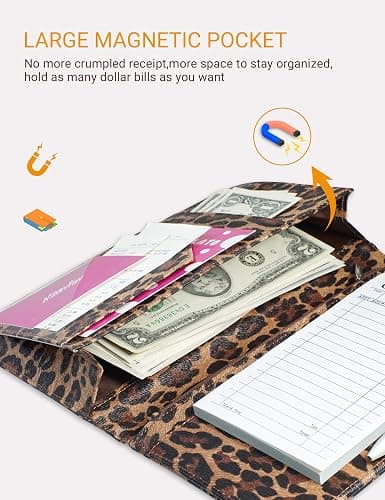 Server Book for Waitress Book with Zipper Pocket, 5x9 Leopard Magnetic Closure Server Wallet with Money Pocket and Zipper Pouch, Restaurant Waitstaff Organizer Fit Server Apron thumbnail 6