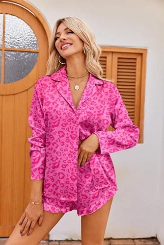 Ekouaer Womens Satin Pajama Sets Long Sleeve Top and Shorts Lounge Set Button Down Sleepwear thumbnail 2
