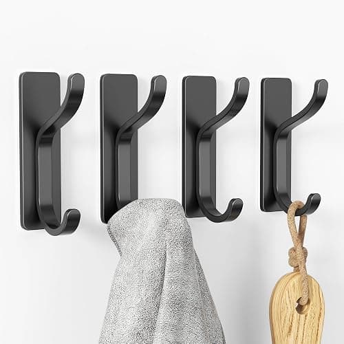 BATHROOM | Amazon | Adhesive Wall Hooks for Towels Coats - Stick On Hooks Hanging Heavy Duty (13lb), Metal Hook for Door, Bathroom, Dorm, Closet - Hanger for Purse, Bag, Robe,Backpack - No Damage to Wall - Black 4 Pack - Black - 4 Pack thumbnail 7