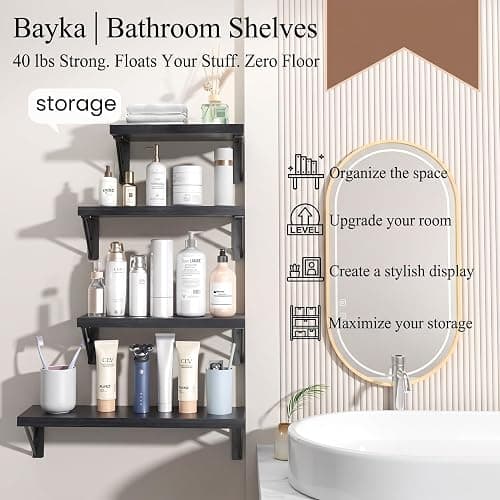 BAYKA Wall Mounted Floating Bathroom Shelves, Wood Wall Shelf for Bathroom Essentials & Decor, Space-Saving Display & Organizer (Black, Set of 4) thumbnail 2