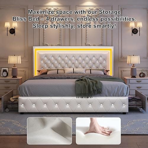 GEGOFORU Queen Led Bed Frame with 4 Storage Drawers, Bed Frame with Led Lights No Box Spring Needed, 900 lbs Capacity, Easy Assembly, PU White thumbnail 6