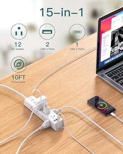 Surge Protector Power Strip - 10 FT Extension Cord, Power Strip with 12 Widely AC Outlet 3 USB, Flat Plug, Wall Mount Overload Protection, 1050J, Desk Charging Station for Home Office, ETL Listed thumbnail 2