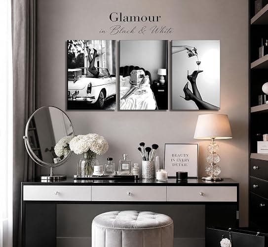 Set of 3 Framed Stylish Women Reading Newspaper Before Bed Wall Art, High Heels Vintage Car Posters, Feminist Black And White Vintage Canvas Prints pictures ， Home living room wall decoration bar cart thumbnail 5