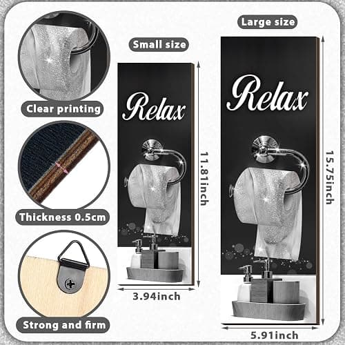Honoson 4 Pcs Silver and Black Bathroom Decor Bathroom Picture Wall Art | Wooden, 11.8 x 3.9 Inch, Farmhouse Hanging Sign with Soak Unwind Relax Breathe, Wall Decor for Spa Laundry Home thumbnail 4