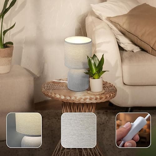 BRILONER - Tischlampe mit Stoffschirm, Kabelschalter, Keramikfuß, Lampe, Nachttischlampe, Tischleuchte, Dekolampe Flur, Bürolampe, Leselampe, Wohnzimmer, Schlafzimmer, 15x28 cm (DxH), Grau thumbnail 2
