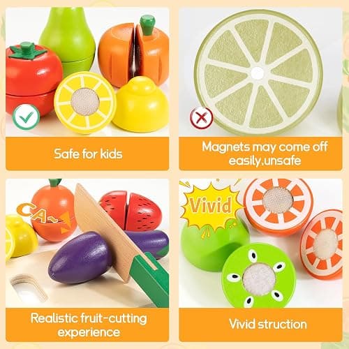 Wooden Play Food for Toddlers, Fruit & Veggies Cutting Set for Play Kitchen | Pretend Play Food, Teaches Part/Whole & Colors, Includes Knives & Board, Christmas Birthday Gift for Boys Girls 3+ Year Old thumbnail 6