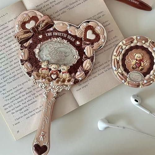 Flower Knows The Sweetie Bear Hand Mirror,Vintage Portable Handheld Mirror,Fancy & Pretty Princess Mirror with Long Handle,Gift for Girls(Carmal Brown) thumbnail 2