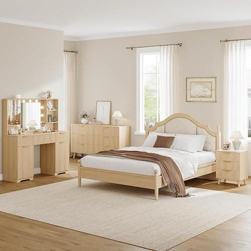 Fluted Makeup Vanity Desk with Mirror and Lights, Glass Top 48" Wood Vanities w/Charging Station , Dressing Table w/3 Drawers & 2 Large Storage Cabinets, Dustproof Organizer for Bedroom Gift(Natural) thumbnail 8