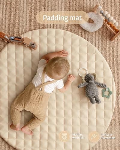 Blissful Diary Baby Play Gym Mat, Tummy Time Activity Mat with 6 Detachable Toys for Stage-Based Sensory & Motor Skill Development, Easy to Install & Clean, Baby Essentials Gift, Sandy Beige thumbnail 5