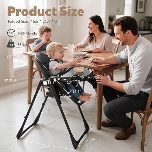 TODEFULL 3 in 1 Foldable Baby High Chair, Infant High Chairs for Babies and Toddlers, 6 Height & 5 Recline Adjustable Toddler Feeding Chair, 2 Tray Depth & 3 Footrest Angles, 2 Built-in Wheels, Black thumbnail 2