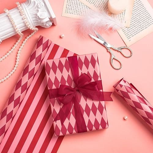 RUSPEPA Reversible Wrapping Paper Roll for Girls, Mini Roll, Red and Pink Stripes and Diamond Pattern, Holiday Gift Wrap for Christmas, Valentine's Day, Merry Market Gifts, 17 Inches x 16.4 Feet thumbnail 6