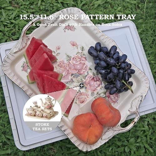 OptmAVth Ceramic Tea Set, 4 Cups and Spoons, One Sugar Bowl, One Milk Kettle, One Storage and Removeable Tray, for Home Party or Wedding Service, Pink Rose thumbnail 4