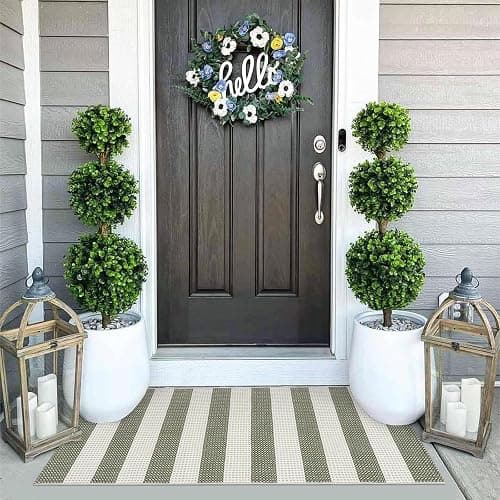 OJIA Green and White Striped Rug 24"x51" Washable Front Door Mat Hand Woven Entry Rug Cotton Indoor Outdoor Rug Small Checkered Rugs for Front Porch Kitchen Entryway Patio Bathroom - 2'x4.3' - Green/Beige thumbnail 6
