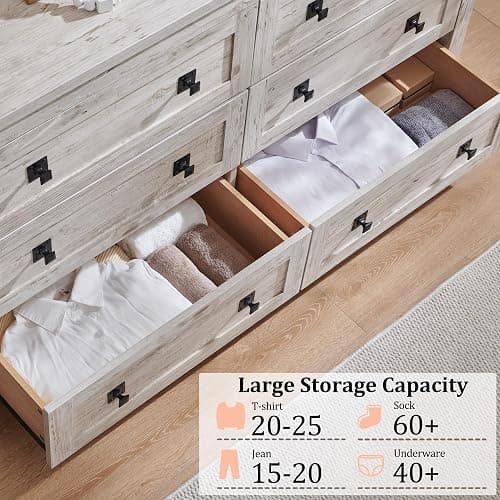 RedLemon Farmhouse 54" 6-Drawer Dresser for Bedroom, Antique Brush White | Rustic, Wood Storage Cabinet, Metal Handle, Unique Corner Accent, Bedroom, Living Room, Hallway thumbnail 4