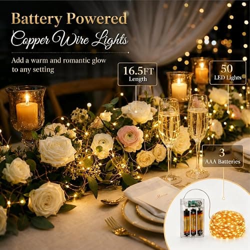 SINAMER 16FT 50LED Fairy Lights Battery Operated (Included), 8 Modes & Time | Waterproof Silver Wire, Mini Twinkle Starry Firefly Lights, For Mason Jars Party Wedding Parties Wreath Decor, Warm White thumbnail 6