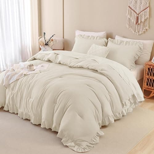 Andency Beige Comforter Set Full Size, 3 Pieces Solid Ruffle Vintage Rustic Soft Bedding Comforter Sets, All Season Lightweight Fluffy Soft Microfiber Bedding Set (79x90 Comforter & 2 Pillowcases) thumbnail 2