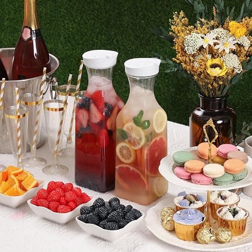 NETANY Plastic 50 Oz Water Carafe with Flip Top Lid, Set of 2 Square Base Juice Containers, Clear Plastic Pitcher - for Water, Iced Tea, Juice, Beverage, Cold Brew and Mimosa Bar - HAND WASH ONLY thumbnail 6