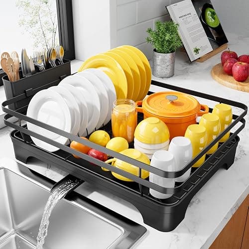 Kitsure Dish Drying Rack - Multi-Functional Dish Rack for Kitchen Counter with Cutlery Holder, Rust-Proof Storage Solution with Rotatable, 15.7" x 12.0" x 5.5", Black - Image 1