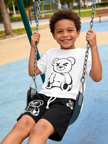 KIDLAGA Kids Toddler Boy Clothes Outfits Bear Print Tee + Plaid Shorts 2 Pieces Summer Shorts Set thumbnail 5