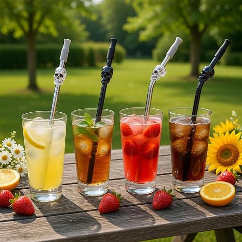 Homestia 8 Pack 10.5'' Reusable Stainless Steel Metal Straws, Skull Decor | Long Drinking Straws, Removable Silicone Tips, with Cleaning Brushes for 30 oz and 20 oz Tumblers, Gothic Halloween Party Use thumbnail 5