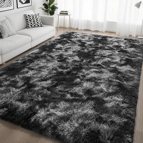 HQAYW 4x6 Black Grey Area Rugs for Living Room, Ultra Soft Fluffy Tie-Dyed Washable Non-Slip Rug, Plush Shaggy Modern Carpet for Kids Girls and Boys Dorms Nursery Bedroom Home Decor thumbnail 2