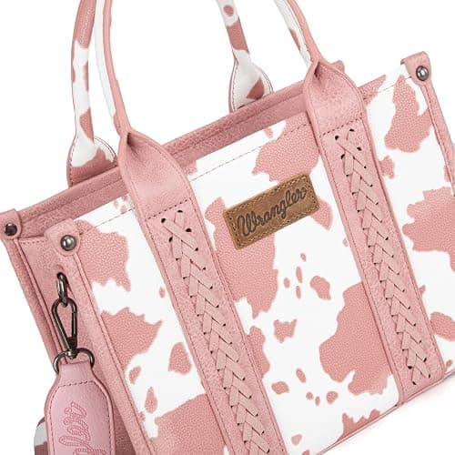 Wrangler Cow Print Tote Bag for Women Western Purse Boho Top Handle Satchel Handbag with Signature Strap - Allover Cow Print Light Pink thumbnail 4
