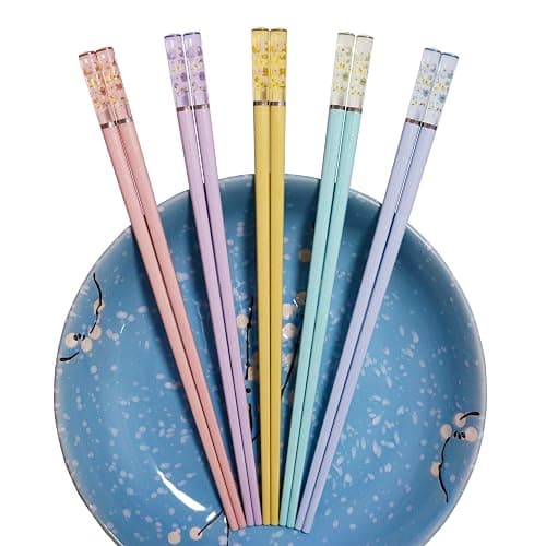 HELERKOL 5 Pairs Fiberglass Chopsticks - Amber Cherry Blossom Pattern, Multicolor - Japanese & Korean Chopsticks - Reusable, Dishwasher Safe - Yellow, Pink, Blue, Green, Purple thumbnail 9
