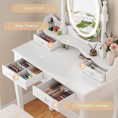 Vanity Desk with Mirror and Lights, Modern Vanity Makeup Table and Cushioned Stool Set with 4 Drawers, 3 Color Lighting Modes with Adjustable Brightness, Dressing Table Set for Bedroom (White Vanity) thumbnail 4