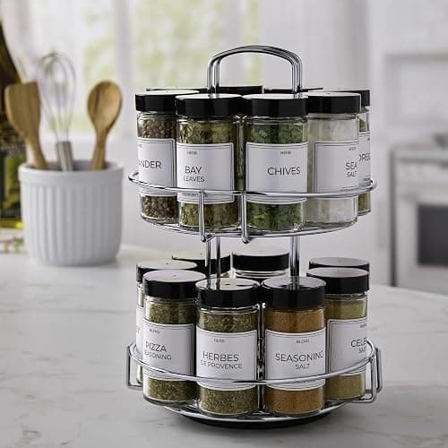 CNEIESD Spice Rack Organizer, 16-Jar Revolving Spice Rack Organizer with Sifter Caps, Stackable Chrome Wire Holder & Jars Includes Basil, Oregano, Sea Salt & More (Silver) thumbnail 2