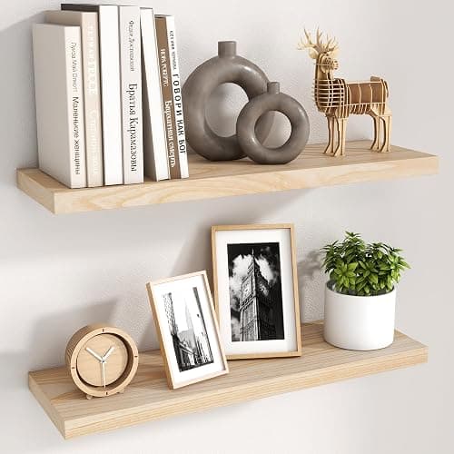 fuqing Natural Wood Floating Shelves for Wall - 24 Inch Wood Shelves Set of 2 - Natural Wooden Wall Shelves for Living Room Bedroom Home Office - Image 1