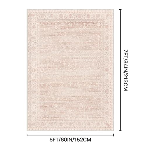 BESBLEE 5x7 Area Rugs for Living Room, Machine Washable Rug, Non Slip Vintage Rugs, Low Pile Lightweight Print Rug for Bedroom, Dining Room, Home Office, Pink thumbnail 2