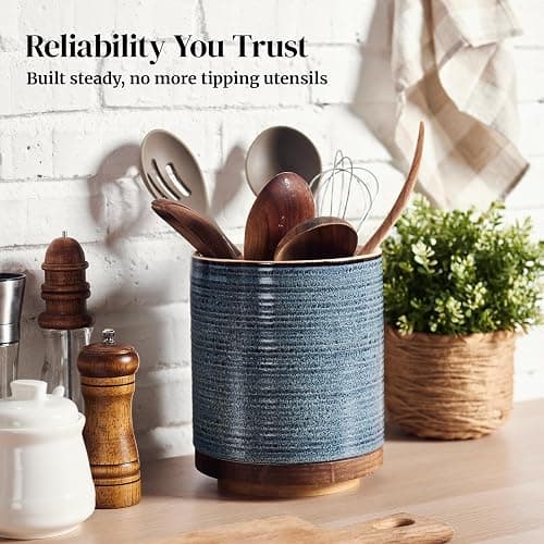 DOWAN 360° Rotating Extra Large Cooking Utensil Holder, 7.6" Kitchen Utensil Holder for Countertop, Utensil Crock for Farmhouse Kitchen Decor, Ceramic Stable Utensil Caddy, Blue thumbnail 2