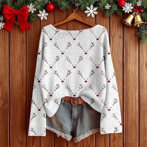 Christmas Sweaters for Women Teen Girls Boat Neck Imitation Ugly Sweater Pullovers Long Sleeve Boho Tops Xmas Holiday Clothes thumbnail 2