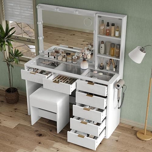 Yanosaku 47" Fluted Vanity Desk with Mirror & LED Lights, 7-Drawer Makeup Vanity with Glass Top & Cabinet, Vanity with Chair & Charging Station, 3 Lighting Modes, for Bedroom, White thumbnail 3