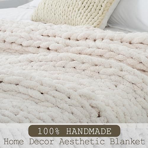 LONG CREATE Chunky Knit Throw Blanket 50"X 60", 100% Handmade with Soft Chenille Yarn, 4.4lbs Thick Cable Knitted Blankets, Large Rope Knot Crochet Throws for Couch Sofa Bed Home Decor, Cream White - Cream White - 50x60 inch thumbnail 2