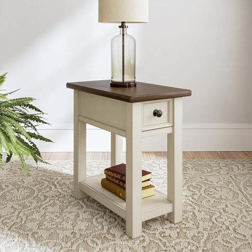 Signature Design by Ashley Bolanburg Chairside End Table With Charging Station, Two-Tone Wood Accent Table With Drawer Storage, Plank Top Design for Living Room or Bedroom, Antique White thumbnail 2