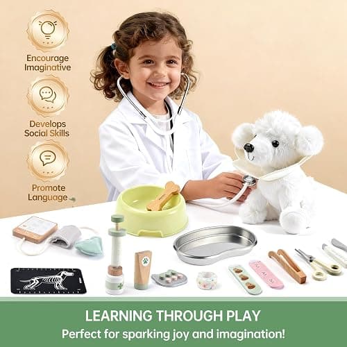 Pithfor Wooden Doctor Kit for Kids Toddlers, Vet Play Set, Pretend Play Veterinarian Set, Doctor Toys Gift for Boys Girls 3 4 5 6 thumbnail 4