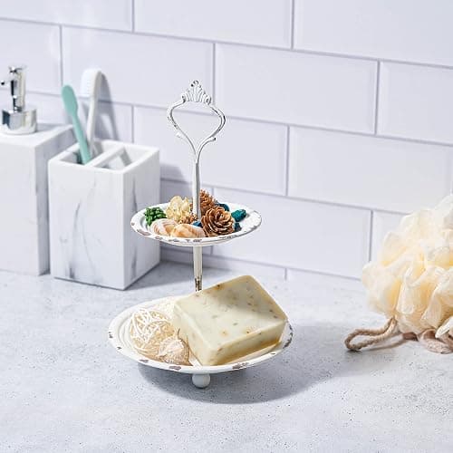 Stonebriar Small 2 Tier Worn White Metal Tray, Rustic Farmhouse Decor, Tiered Jewelry Tray for Vanity or Bathroom, 9.25" thumbnail 7
